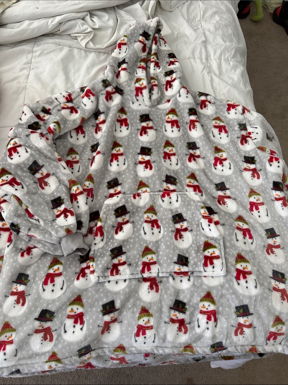 Cozy Snowman Print Hooded Fleece Pullover - Gray/White